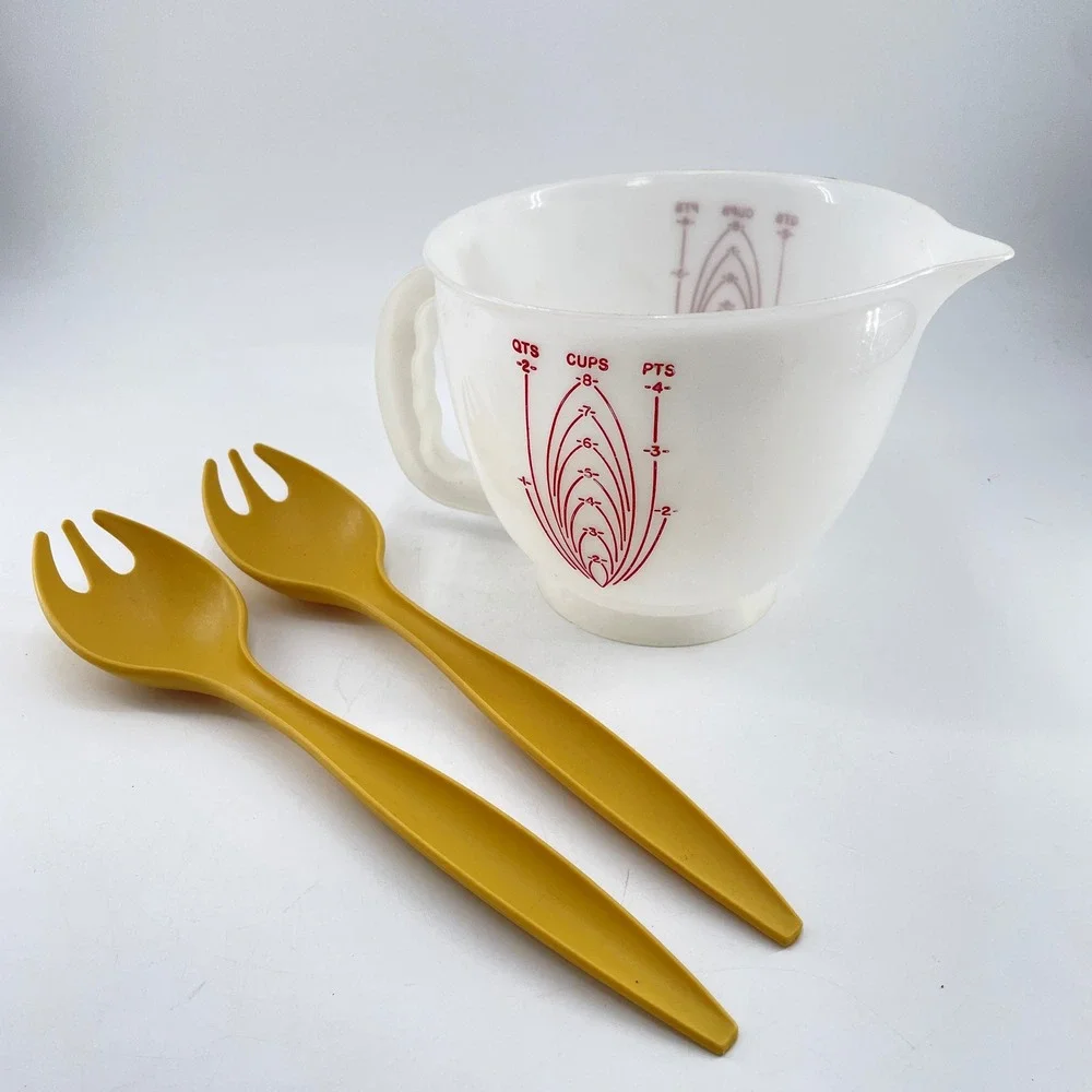 Vintage Tupperware Mix-N-Stor 8 Cup Pitcher & 2 Harvest Gold Salad Servers Set